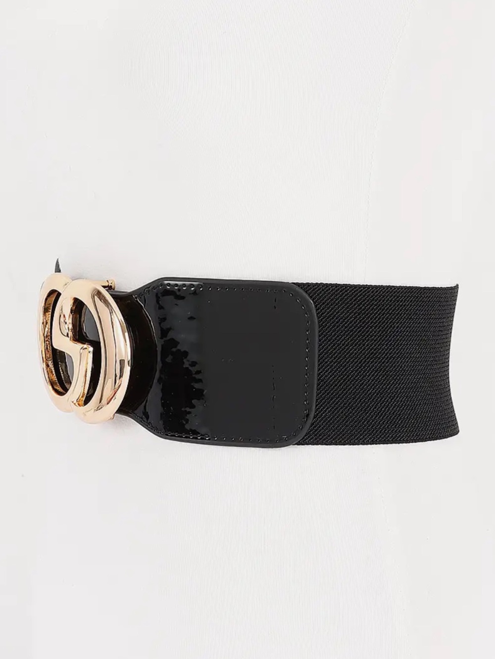 ShopEvelynne Black Patent Waist Belt with Gold Double Ring Buckle - Picture 3 of 4